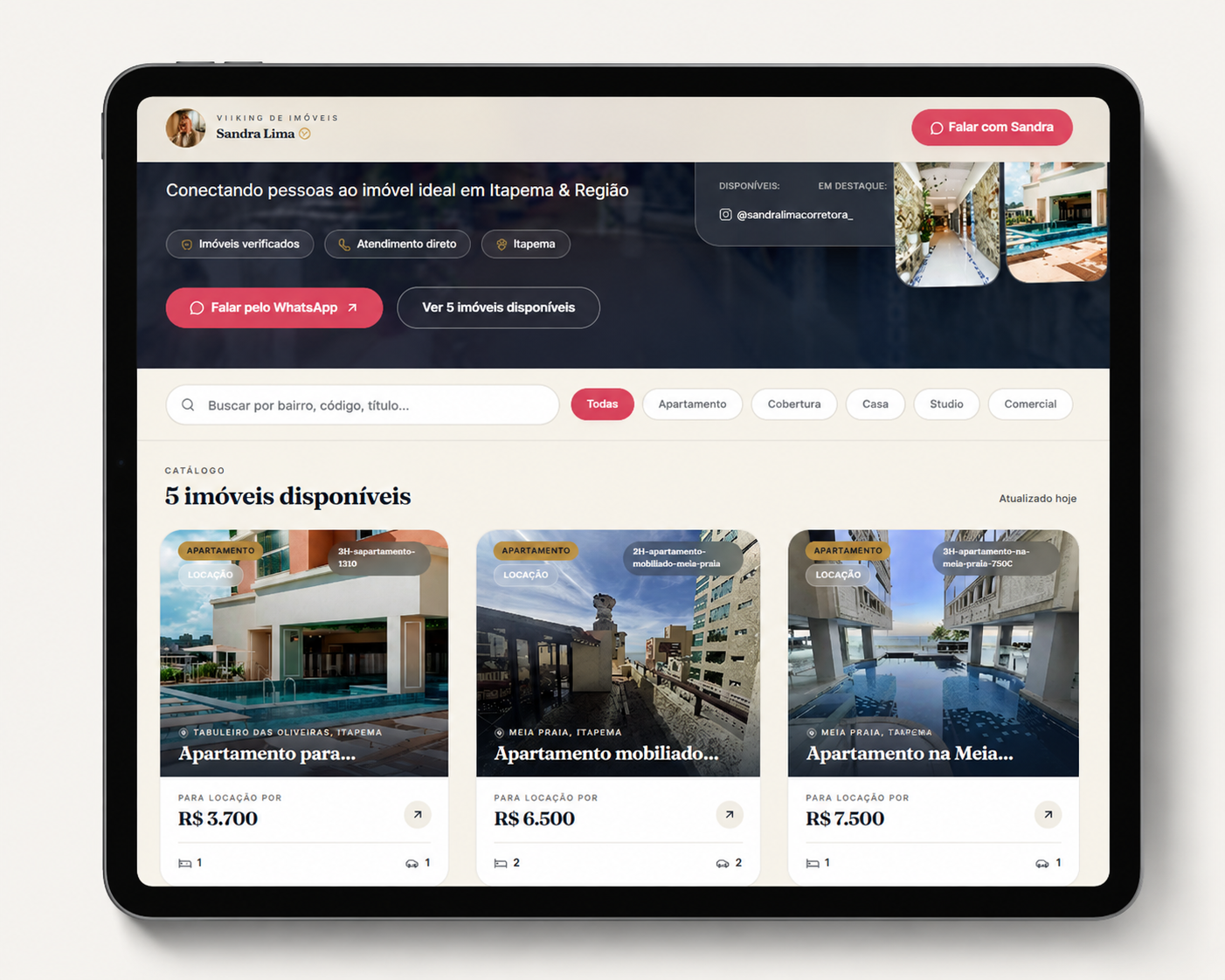 Vitrine inteligente de imóveis do LeadLink em um tablet